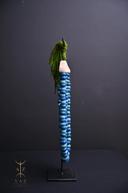 Ocean Depth Pendant Sculpture – Blue & Deep Blue Beads with Green Rope on Black Stand (62 x 34 cm)