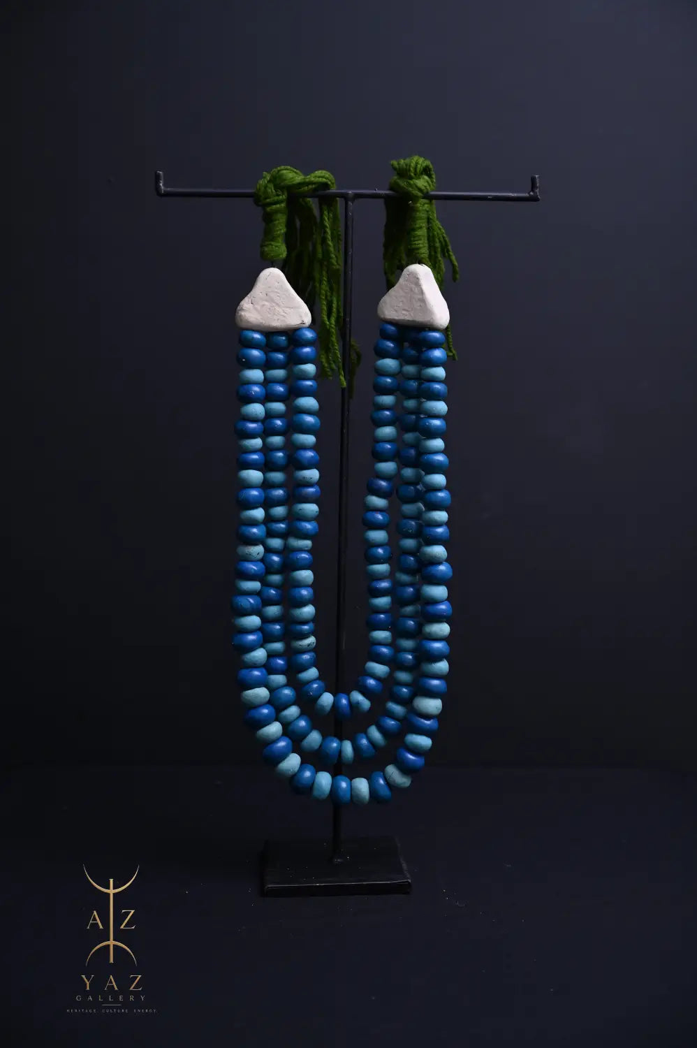 Ocean Depth Pendant Sculpture – Blue & Deep Blue Beads with Green Rope on Black Stand (62 x 34 cm)