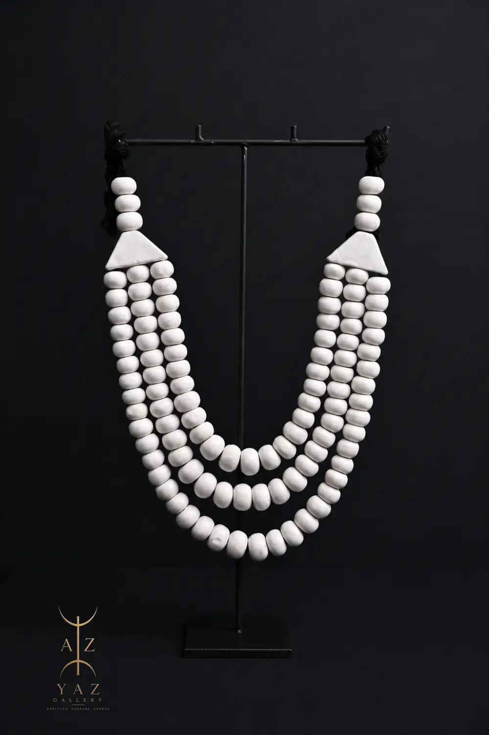 Pure Ivory Pendant Sculpture – Handcrafted White Beaded Art on Black Stand (62 x 34 cm)