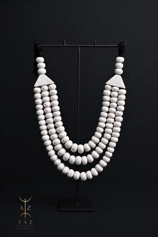 Pure Ivory Pendant Sculpture – Handcrafted White Beaded Art on Black Stand (62 x 34 cm)