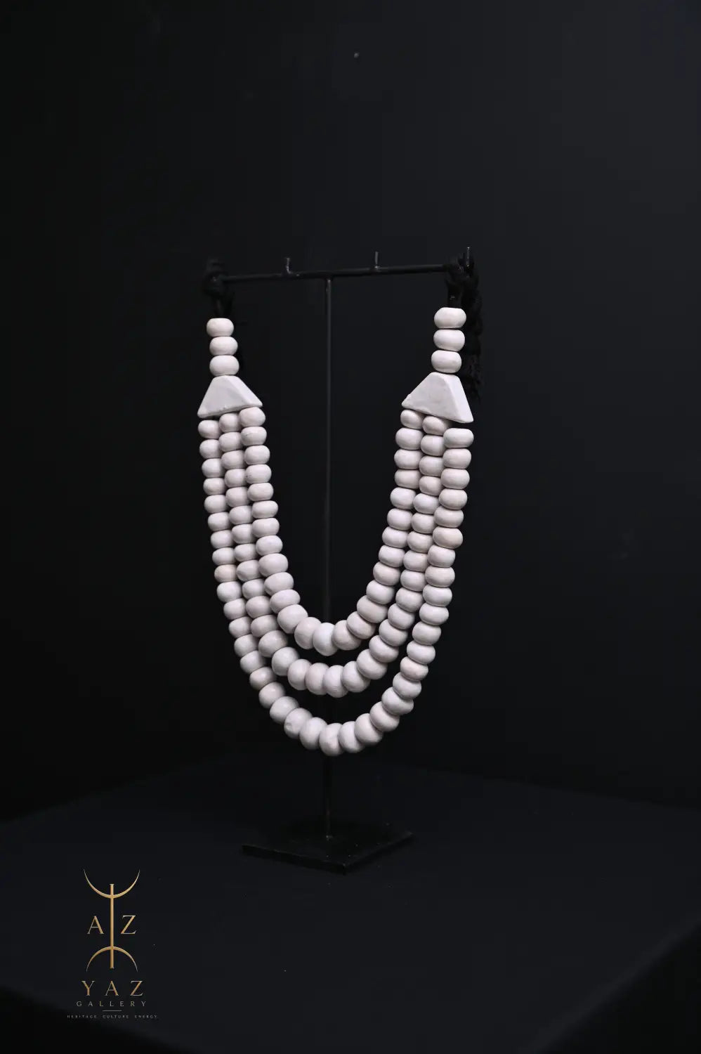 Pure Ivory Pendant Sculpture – Handcrafted White Beaded Art on Black Stand (62 x 34 cm)