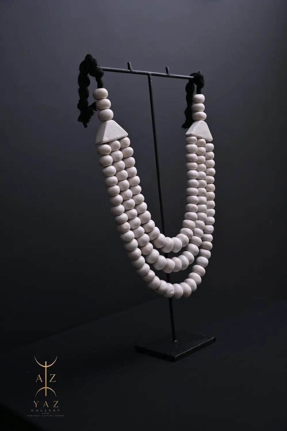 Pure Ivory Pendant Sculpture – Handcrafted White Beaded Art on Black Stand (62 x 34 cm)