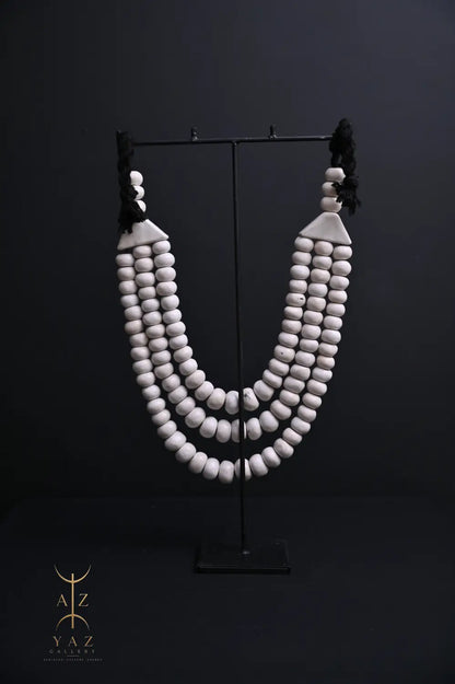 Pure Ivory Pendant Sculpture – Handcrafted White Beaded Art on Black Stand (62 x 34 cm)
