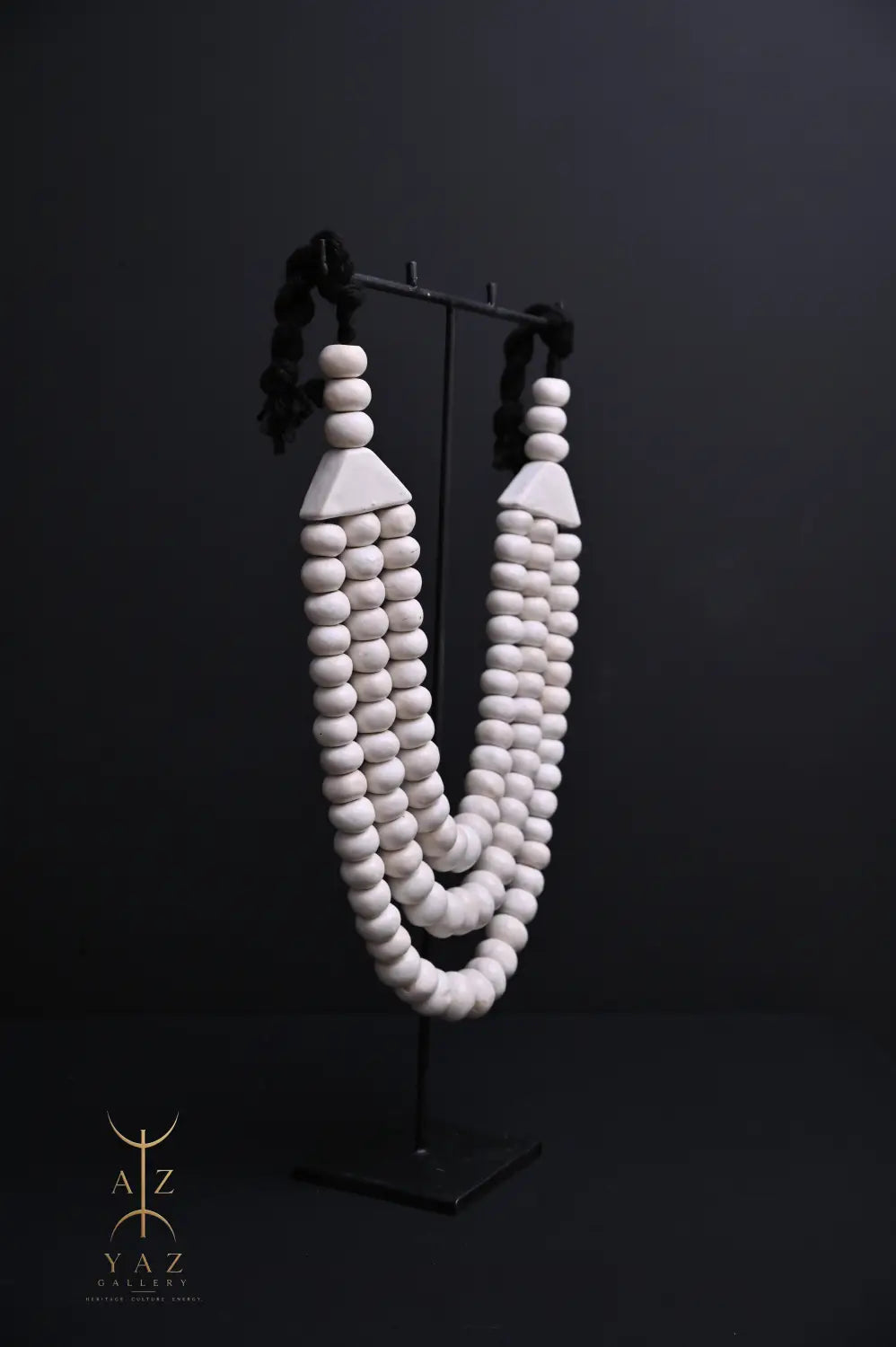 Pure Ivory Pendant Sculpture – Handcrafted White Beaded Art on Black Stand (62 x 34 cm)