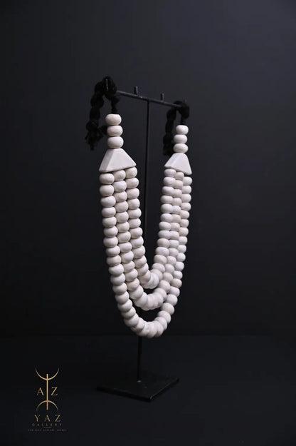 Pure Ivory Pendant Sculpture – Handcrafted White Beaded Art on Black Stand (62 x 34 cm)