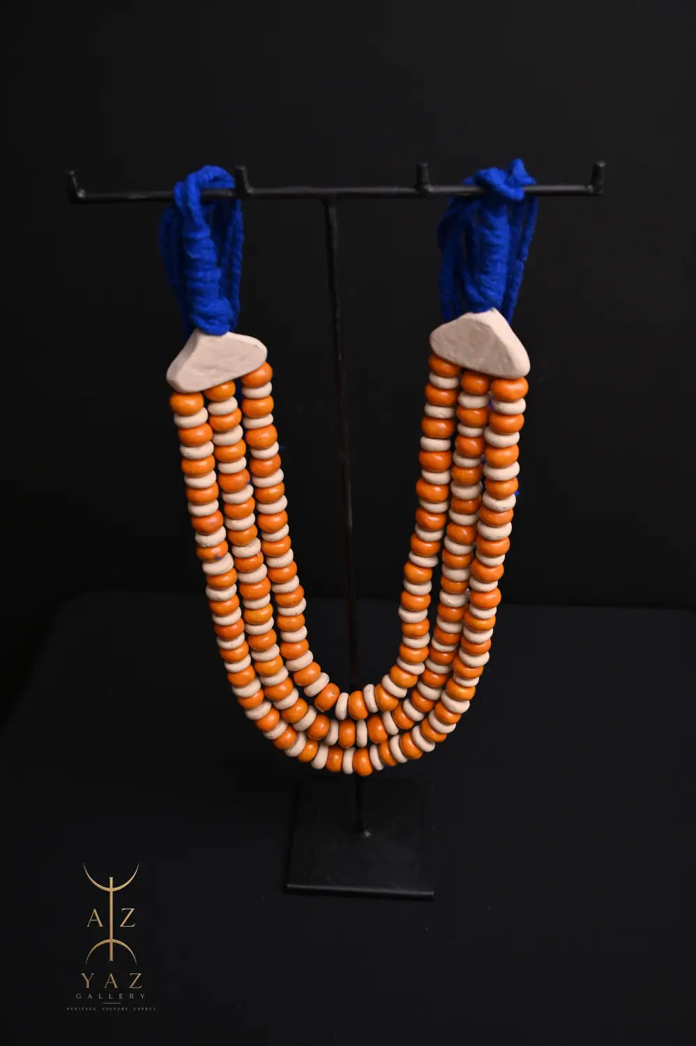 Sunset Coast Pendant Sculpture – Handcrafted Ivory & Orange Beaded Art on Black Stand (62 x 34 cm)