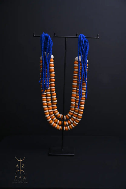 Sunset Coast Pendant Sculpture – Handcrafted Ivory & Orange Beaded Art on Black Stand (62 x 34 cm)