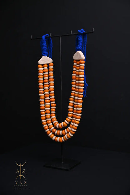 Sunset Coast Pendant Sculpture – Handcrafted Ivory & Orange Beaded Art on Black Stand (62 x 34 cm)