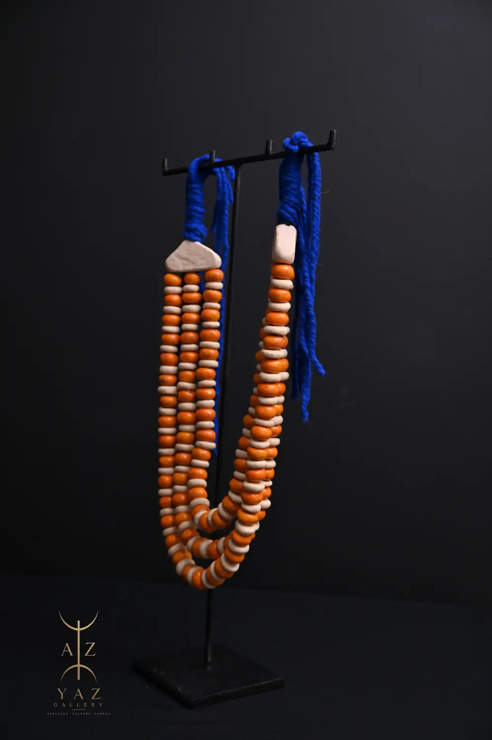 Sunset Coast Pendant Sculpture – Handcrafted Ivory & Orange Beaded Art on Black Stand (62 x 34 cm)