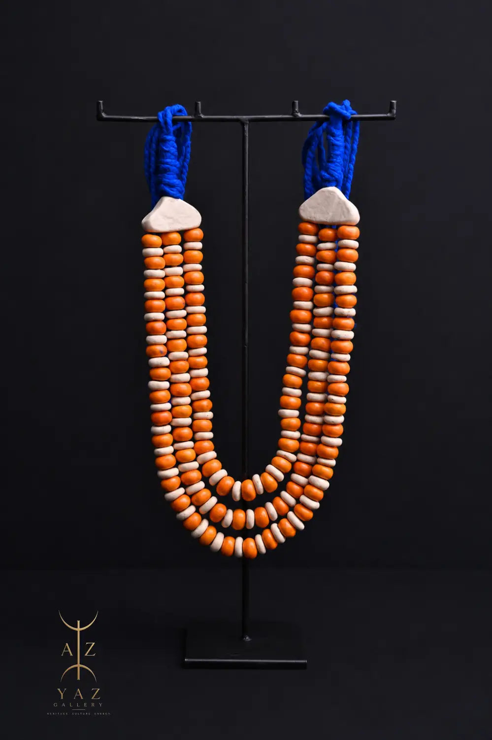 Sunset Coast Pendant Sculpture – Handcrafted Ivory & Orange Beaded Art on Black Stand (62 x 34 cm)