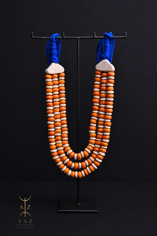 Sunset Coast Pendant Sculpture – Handcrafted Ivory & Orange Beaded Art on Black Stand (62 x 34 cm)