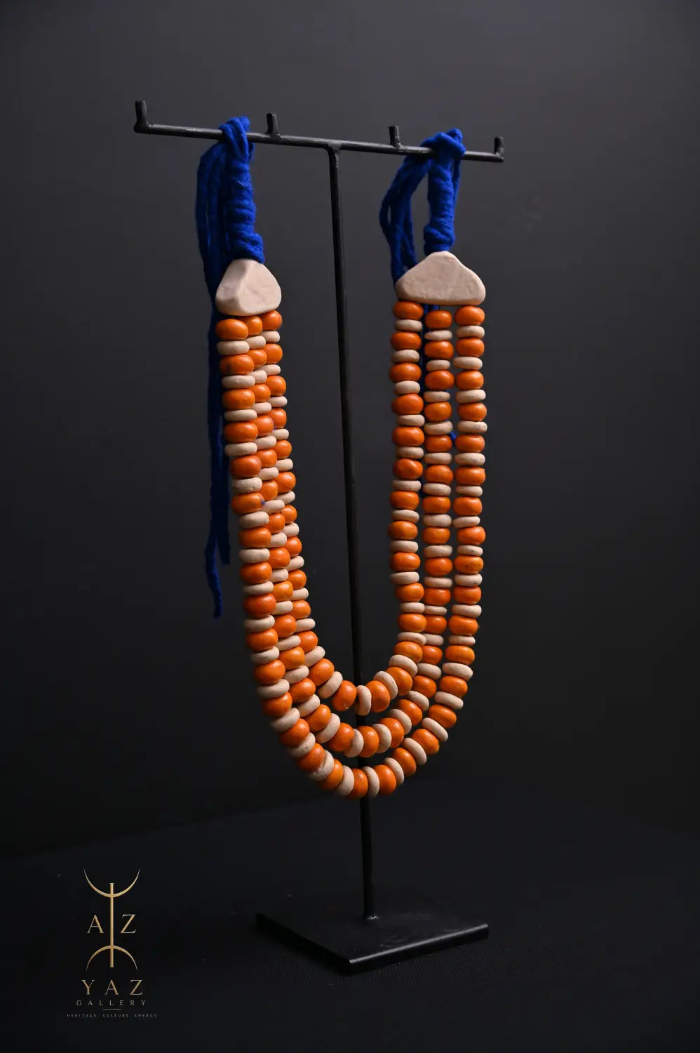 Sunset Coast Pendant Sculpture – Handcrafted Ivory & Orange Beaded Art on Black Stand (62 x 34 cm)
