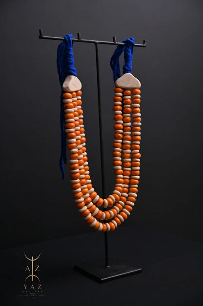 Sunset Coast Pendant Sculpture – Handcrafted Ivory & Orange Beaded Art on Black Stand (62 x 34 cm)