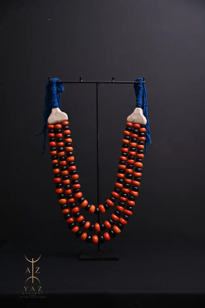 Sunset Contrast Pendant Sculpture – Orange & Black Beads with Blue Rope on Black Stand (62 × 34 cm)
