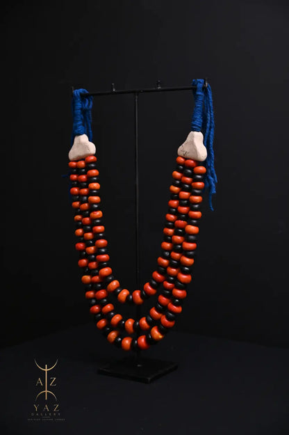 Sunset Contrast Pendant Sculpture – Orange & Black Beads with Blue Rope on Black Stand (62 × 34 cm)