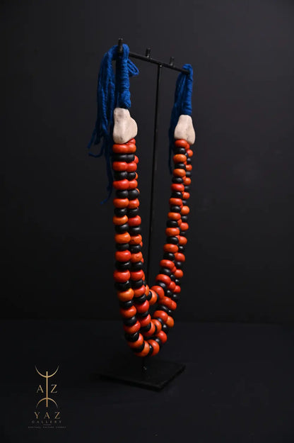 Sunset Contrast Pendant Sculpture – Orange & Black Beads with Blue Rope on Black Stand (62 × 34 cm)