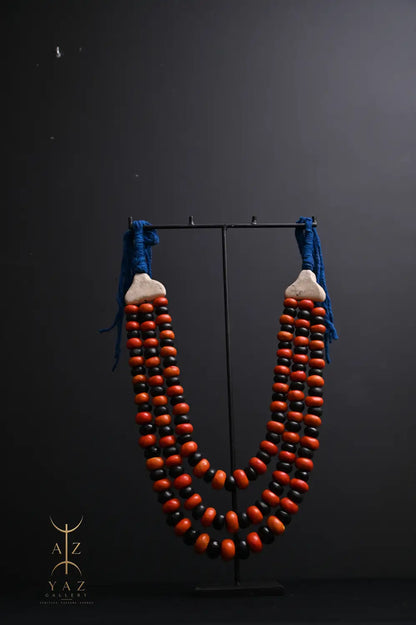Sunset Contrast Pendant Sculpture – Orange & Black Beads with Blue Rope on Black Stand (62 × 34 cm)