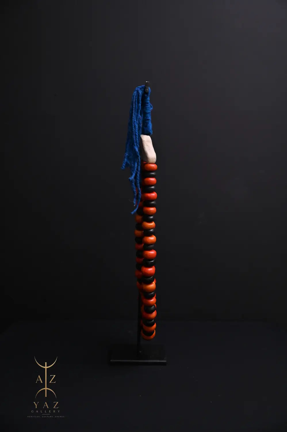 Sunset Contrast Pendant Sculpture – Orange & Black Beads with Blue Rope on Black Stand (62 × 34 cm)