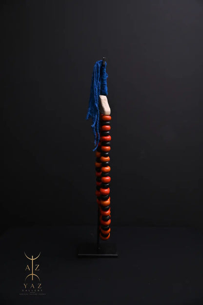 Sunset Contrast Pendant Sculpture – Orange & Black Beads with Blue Rope on Black Stand (62 × 34 cm)