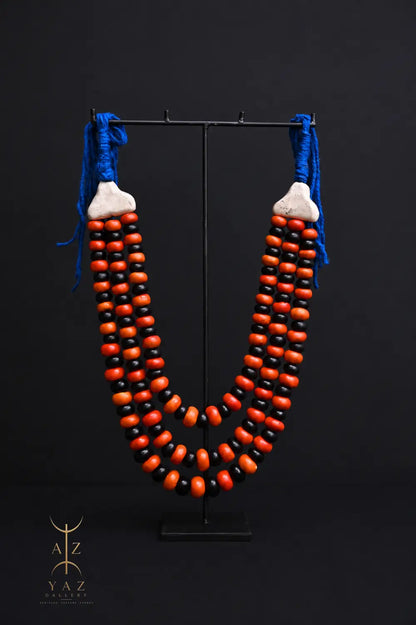 Sunset Contrast Pendant Sculpture – Orange & Black Beads with Blue Rope on Black Stand (62 × 34 cm)