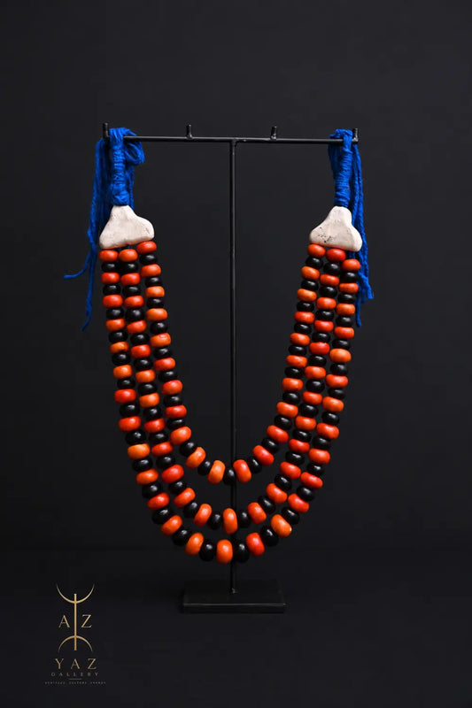 Sunset Contrast Pendant Sculpture – Orange & Black Beads with Blue Rope on Black Stand (62 × 34 cm)