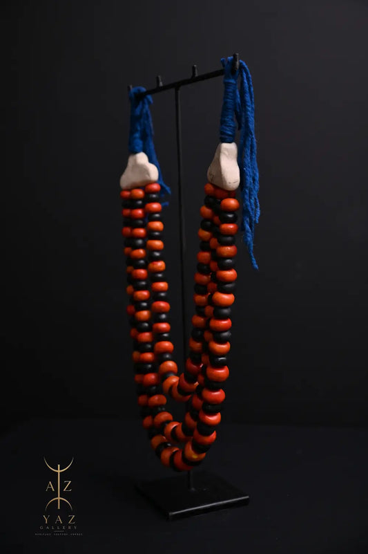 Sunset Contrast Pendant Sculpture – Orange & Black Beads with Blue Rope on Black Stand (62 × 34 cm)