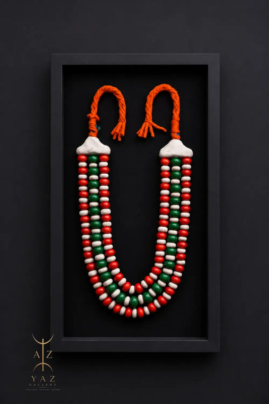 Verdant Heritage Bead Wall Art – Handmade Green Red & Ivory Tribal-Inspired Decor with Orange Rope (70 x 40 cm)